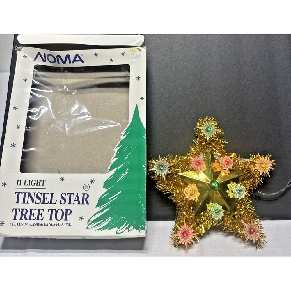 Vtg Christmas Tree Topper STAR 11 Multi Lights GOLD Tinsel Starburst in Box